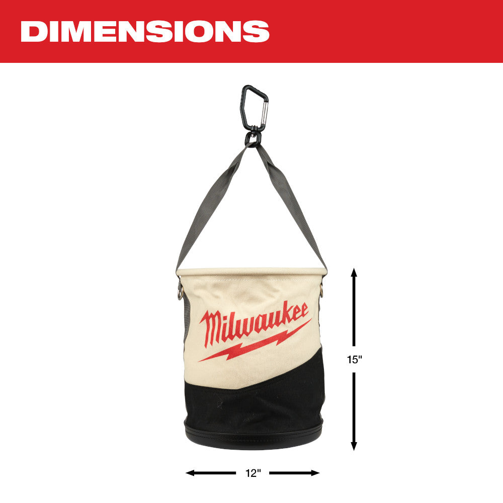 Canvas utility bucket with gray straps and metal carabiner, cream and black colorway with red Milwaukee logo.