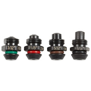 Four metal rivet tool nose pieces with threaded tops and color-coded rubber rings in green, red, brown, and black.