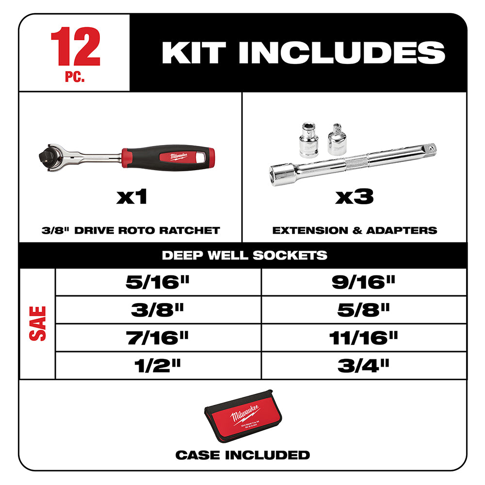 Milwaukee 3/8 in. drive ratchet with eight deep well sockets, three extensions and adapters, displayed with carrying case.