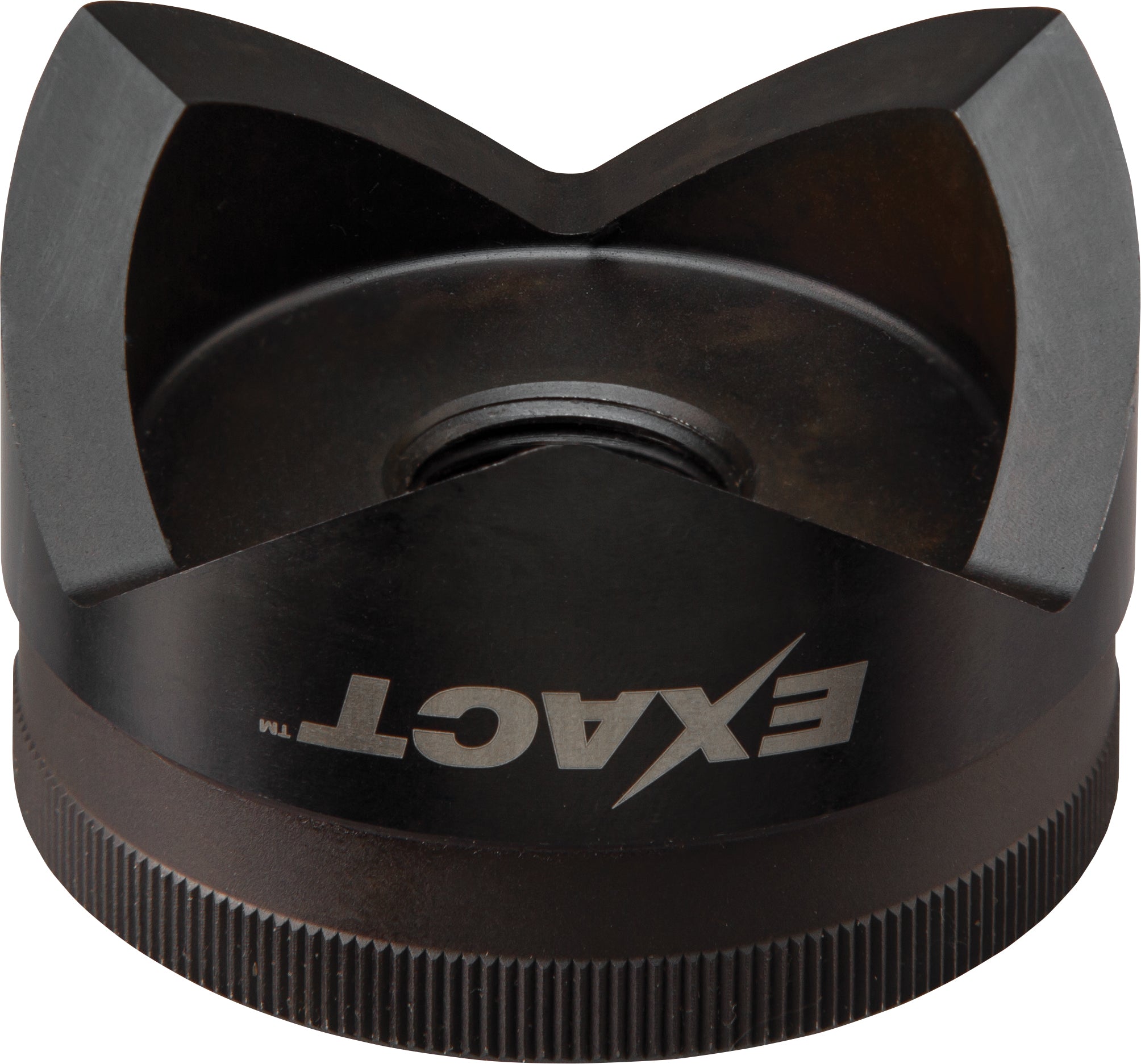 Black metal punch tool with gray handles and ridged base, Milwaukee EXACT branding visible.