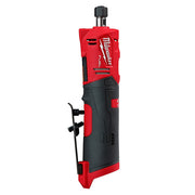 Red and black Milwaukee M12 FUEL straight die grinder with collet chuck and side handle against white background.