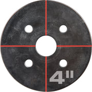Black circular die with central hole, four smaller holes, red alignment lines, and "4" marking.
