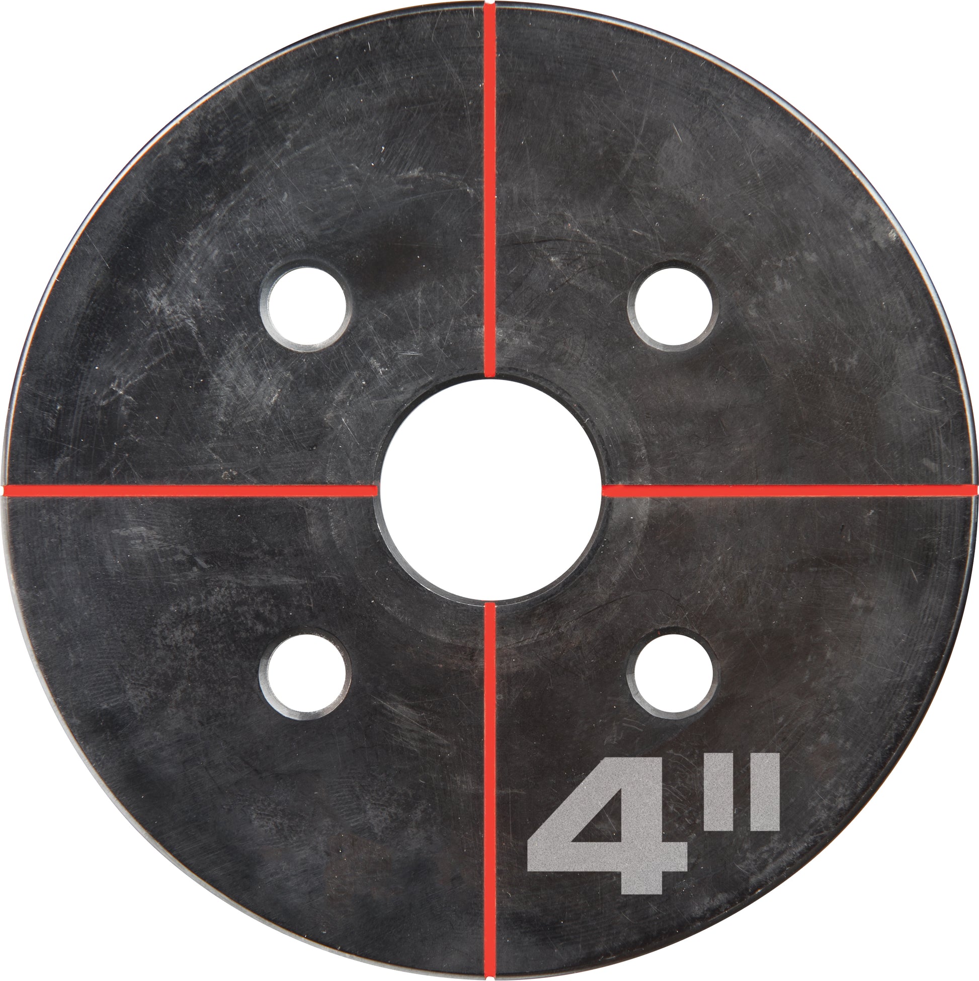 Black circular die with central hole, four smaller holes, red alignment lines, and "4" marking.
