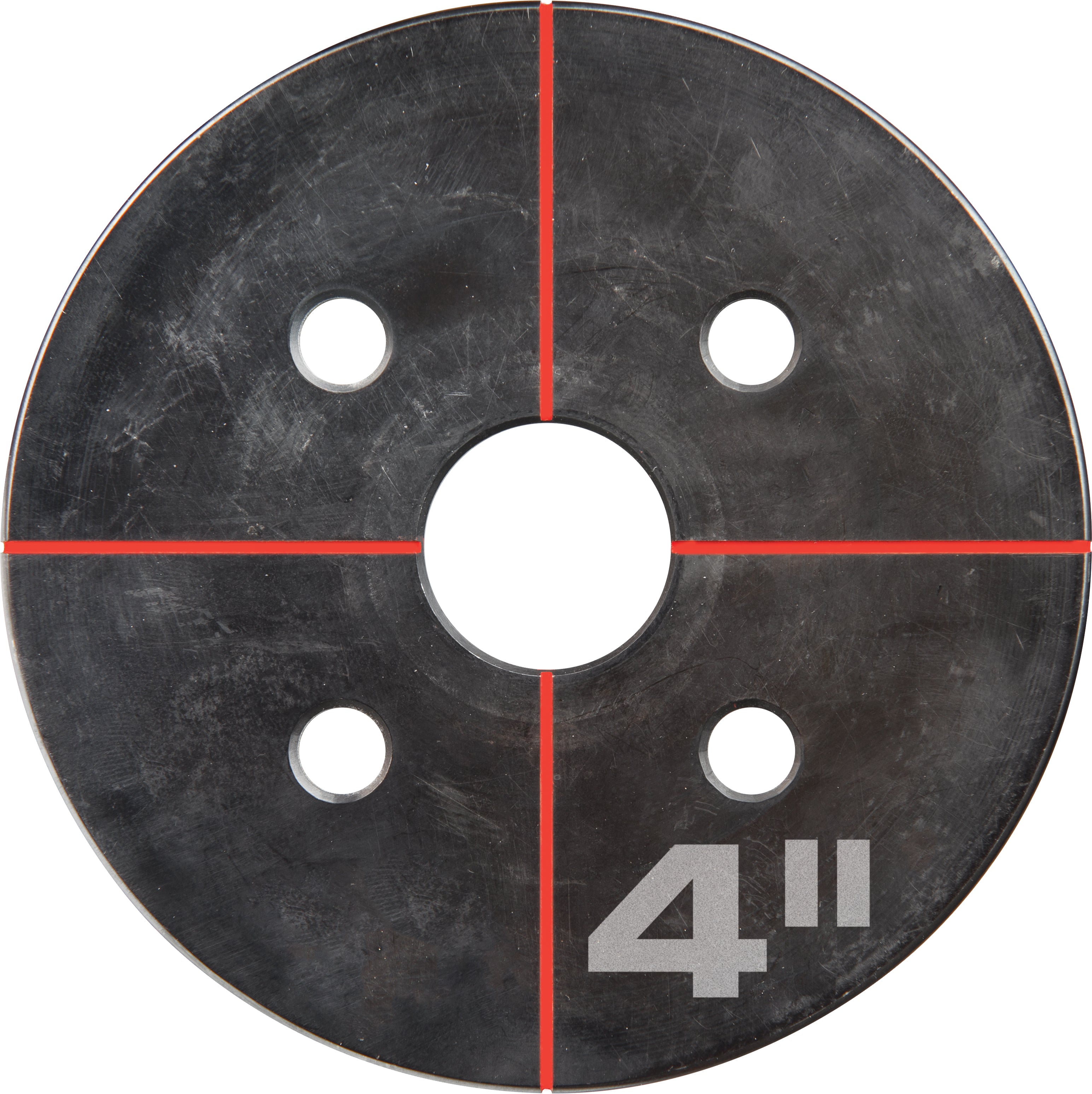 Black circular die with central hole, four smaller holes, red alignment lines, and "4" marking.