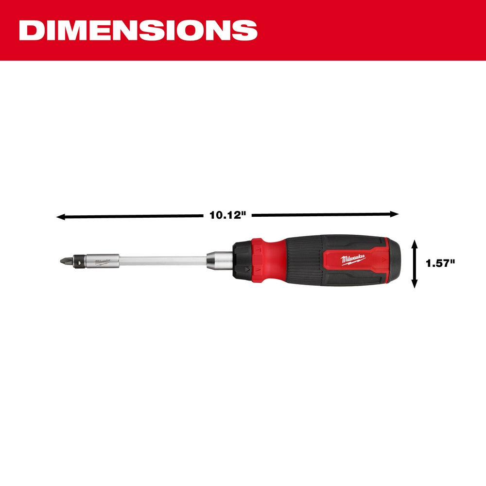 Milwaukee ratcheting multi-bit screwdriver with red and black handle, measuring 10.12 inches long and 1.57 inches wide.