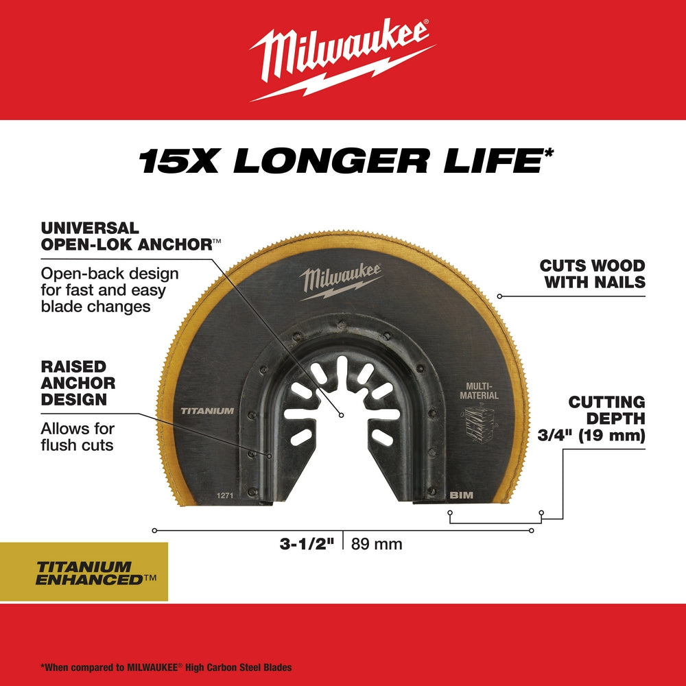 Milwaukee OPEN-LOK 3-1/2" titanium-enhanced bi-metal segmented saw blade with open-back anchor design and 3/4" cutting depth.