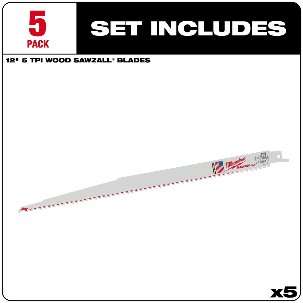 Milwaukee 12-inch 5 TPI wood cutting reciprocating saw blades, pack of five with red teeth markings.