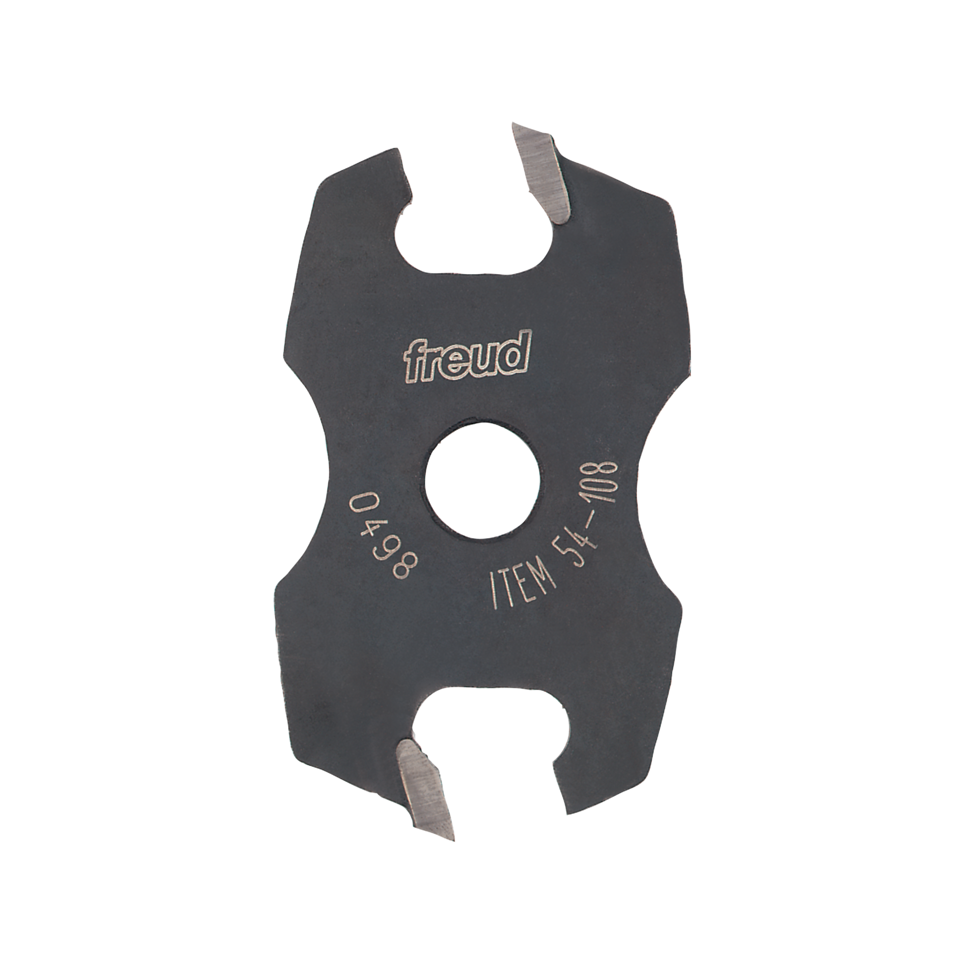 Freud 54-108 black slot cutter with two metal cutting edges and center hole for mounting.