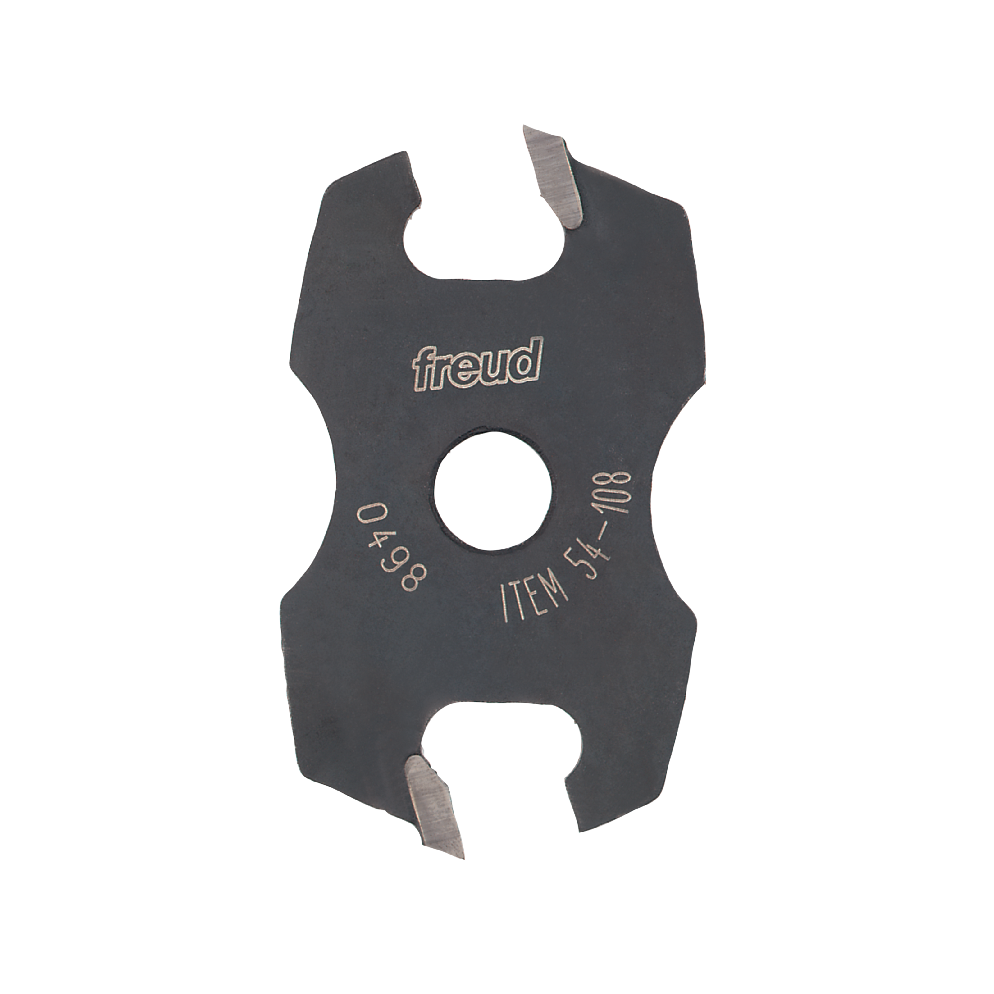 Freud 54-108 black slot cutter with two metal cutting edges and center hole for mounting.