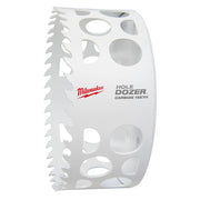 White cylindrical hole saw with carbide teeth around the cutting edge and Milwaukee branding.