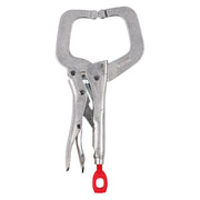 Gray metal locking C-clamp with curved jaws, trigger handle, and red rubber grip at base.