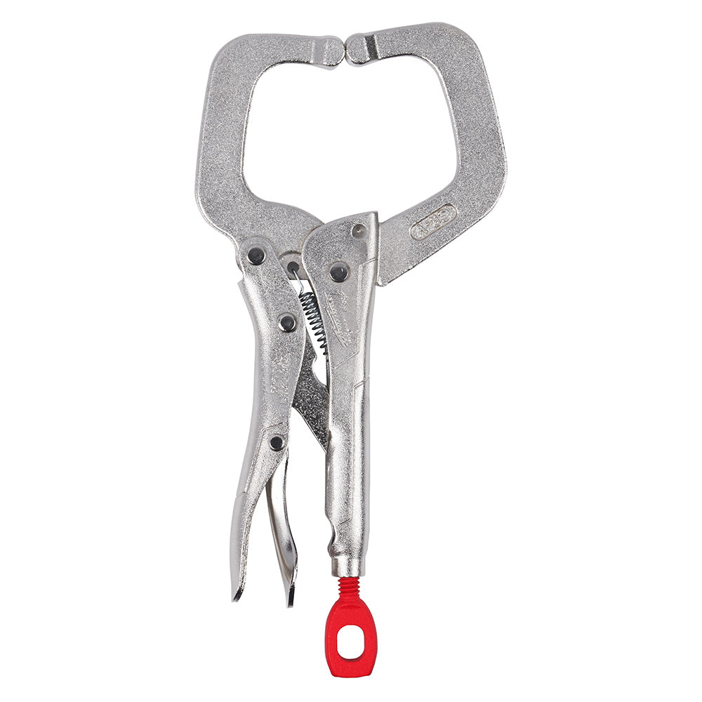 Gray metal locking C-clamp with curved jaws, trigger handle, and red rubber grip at base.