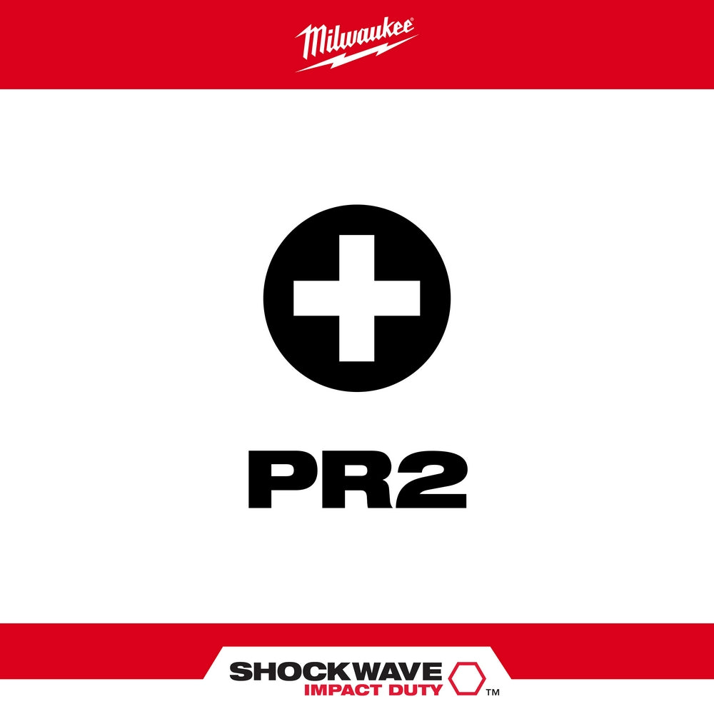 Phillips #2 insert bit with black circular logo and "PR2" text on white background with Milwaukee and Shockwave branding.