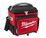 Red and black Milwaukee jobsite cooler with gray handle, shoulder strap, and multiple zippered compartments.