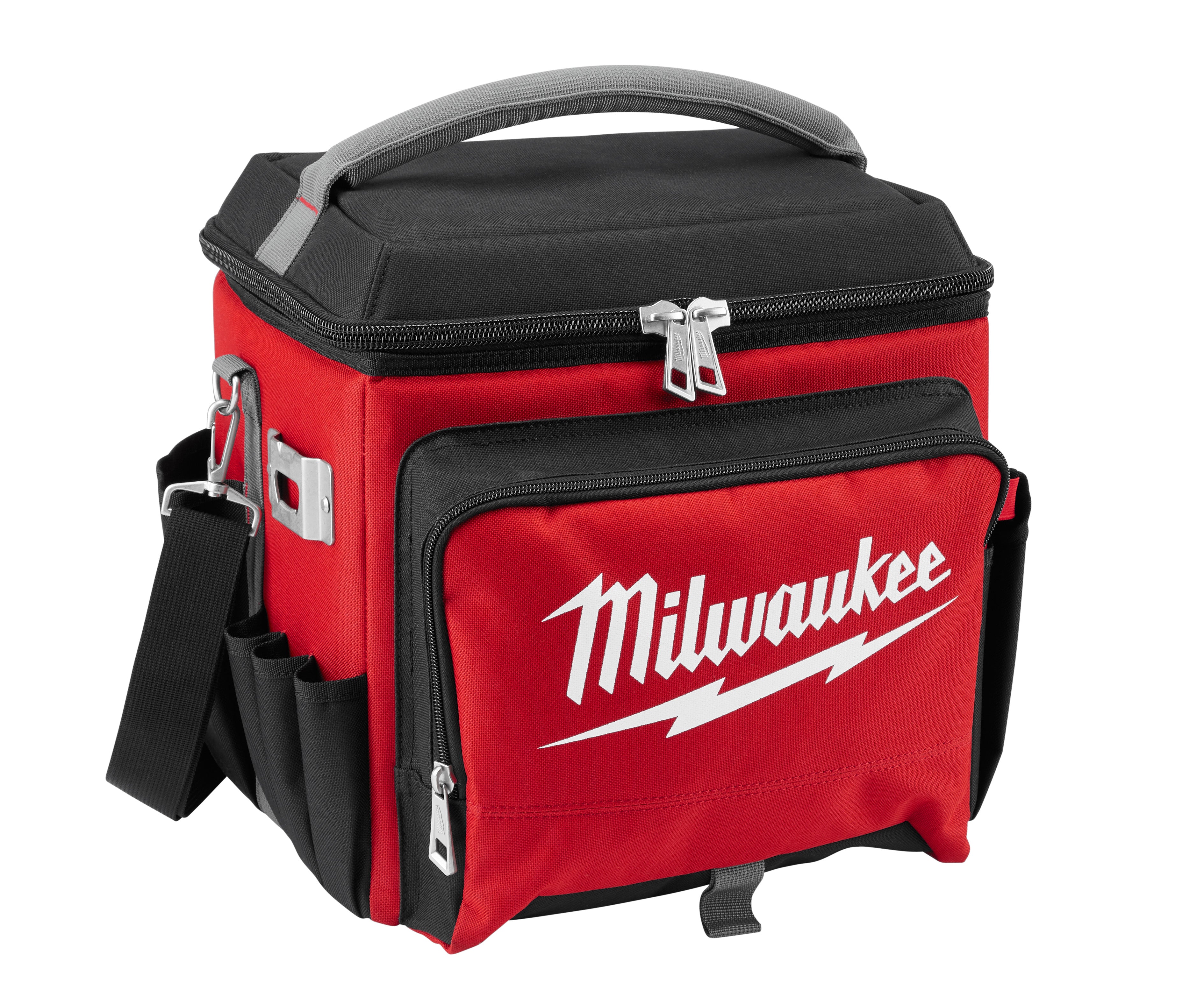 Red and black Milwaukee jobsite cooler with gray handle, shoulder strap, and multiple zippered compartments.