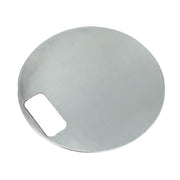 Stainless steel circular bowl cover with rectangular cutout handle.