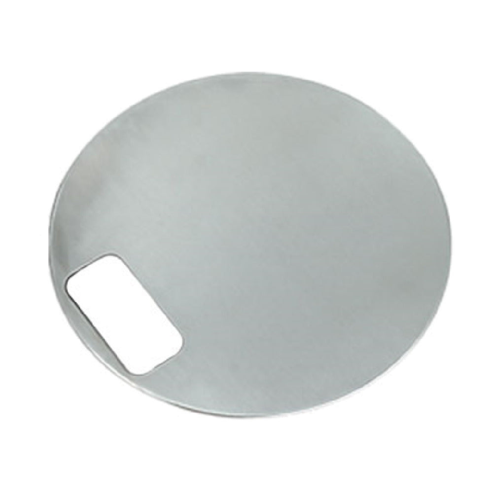 Stainless steel circular bowl cover with rectangular cutout handle.