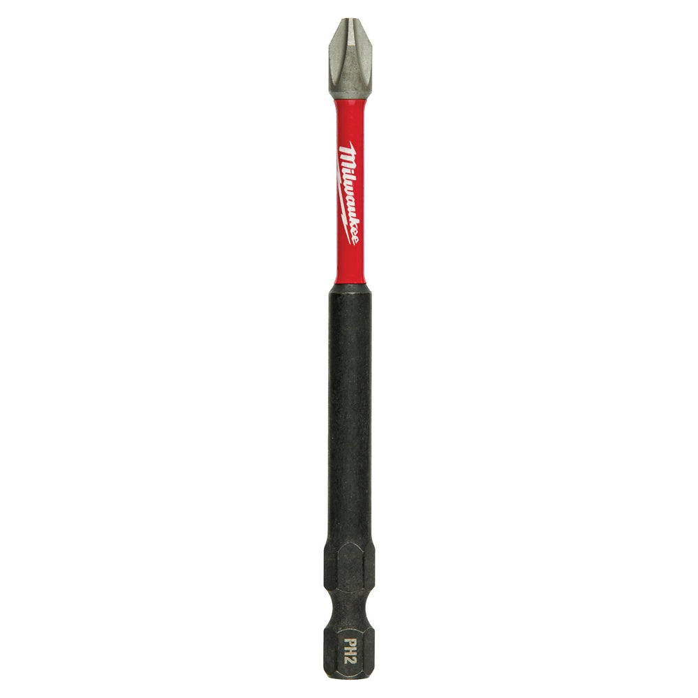 Milwaukee Shockwave Phillips #2 power bit with red shaft, black grip, and gray tip marked PH2.