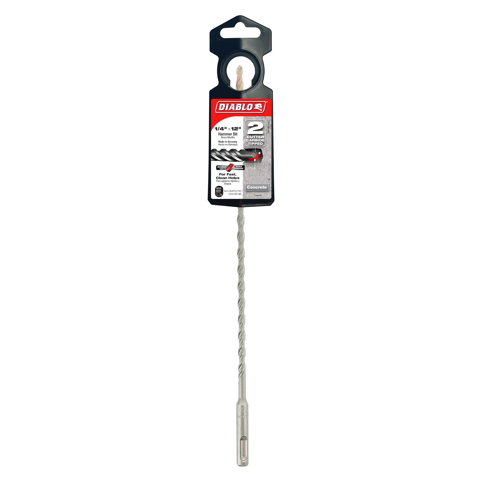 Gray SDS-Plus hammer drill bit with black plastic packaging header and red Diablo label.