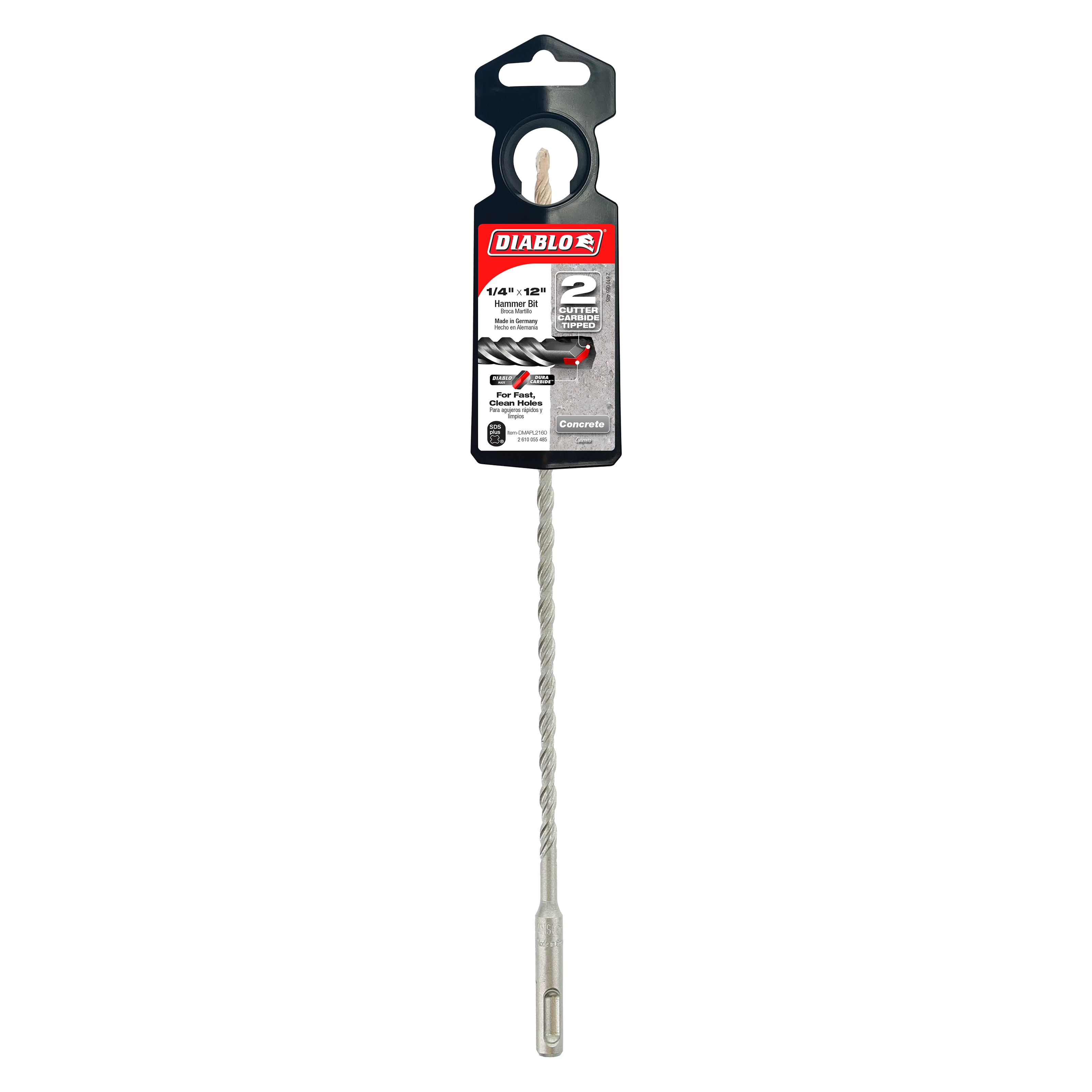 Gray SDS-Plus hammer drill bit with black plastic packaging header and red Diablo label.