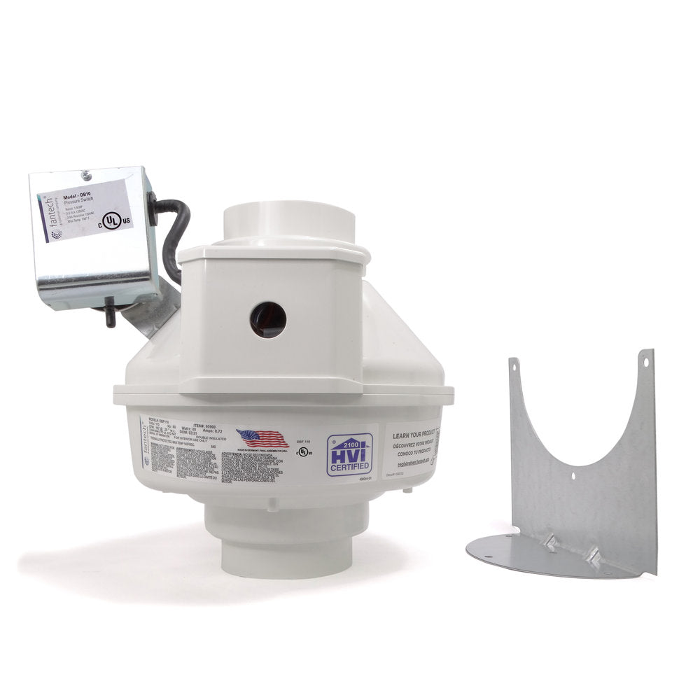 White cylindrical dryer booster fan with control box, mounting bracket, and outlet port visible.