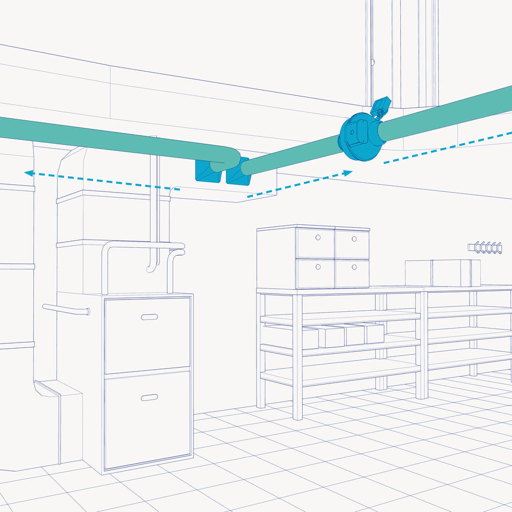 Blue cylindrical dryer booster fan mounted in ductwork above laundry room with appliances below.