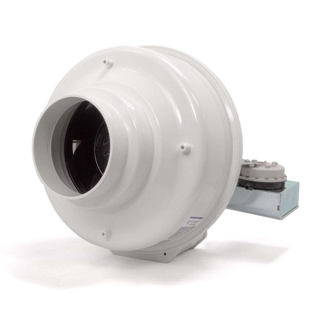 White cylindrical dryer booster fan with black impeller visible in center opening and gray metal mounting bracket on right si