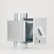 Silver metal cylindrical lint trap with mesh filter screen and white plastic housing with mounting bracket and instructional 
