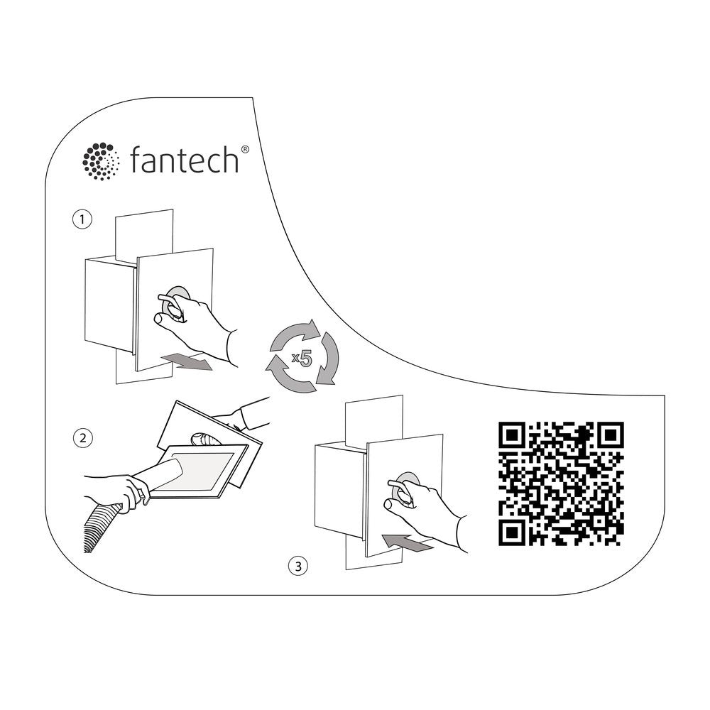 Fantech 4" lint trap instruction diagram showing removal and cleaning steps with QR code.