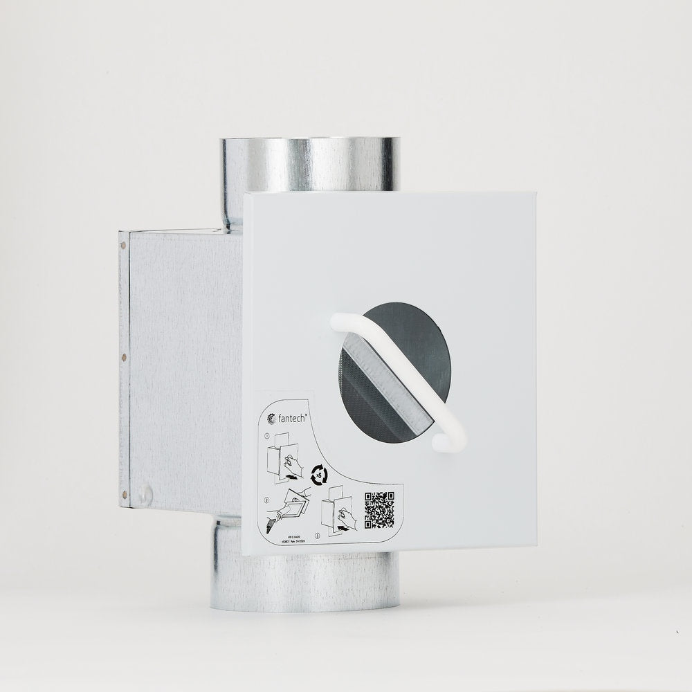 Fantech 4" lint trap with white housing, metal ducting connectors, and black mesh filter screen.