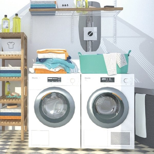 White dryer with lint trap visible on upper right side of unit door.