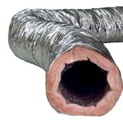 Flexible round duct with silver insulation jacket and pink inner liner bent at elbow, open end visible.