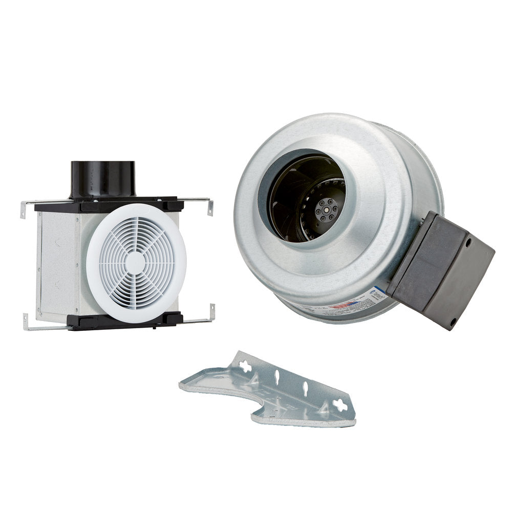 Fantech PB110 bathroom fan with white grille, round duct housing, black motor connector, and mounting bracket.