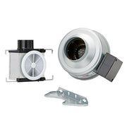 Fantech PB110 bathroom fan with white grille, round duct housing, black motor connector, and mounting bracket.