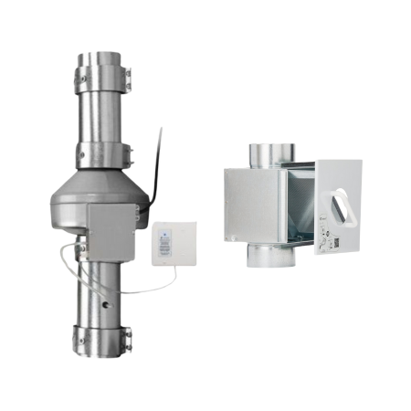 Stainless steel 4-inch dryer exhaust duct system with lint trap and power ventilator unit with wall control.