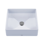 White square vessel sink with sloped sides, centered drain hole, and chrome drain stopper.