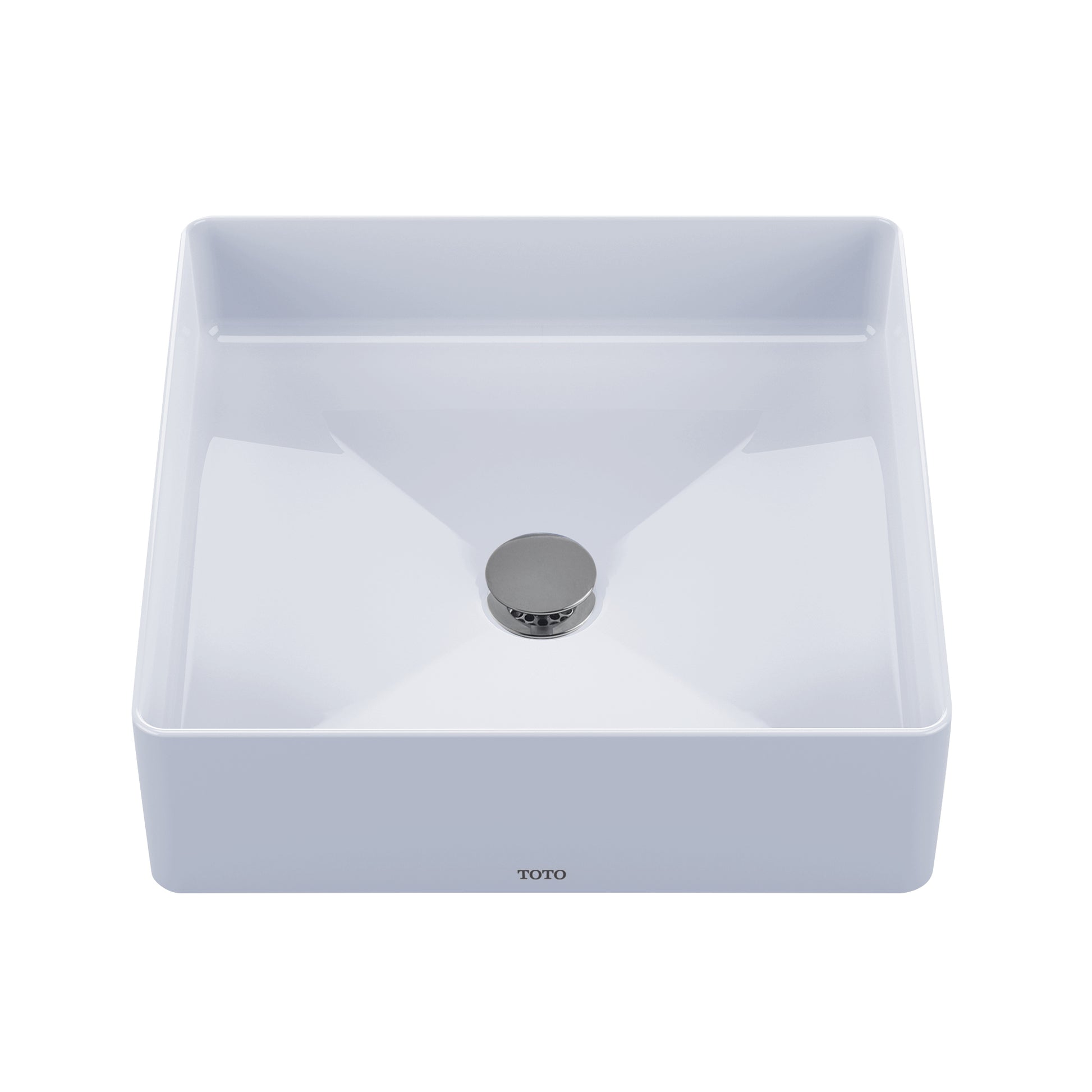 White square vessel sink with sloped sides, centered drain hole, and chrome drain stopper.