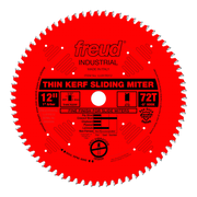 12-inch red circular saw blade with 72 teeth, 1-inch arbor, thin kerf design, labeled for sliding miter saws.