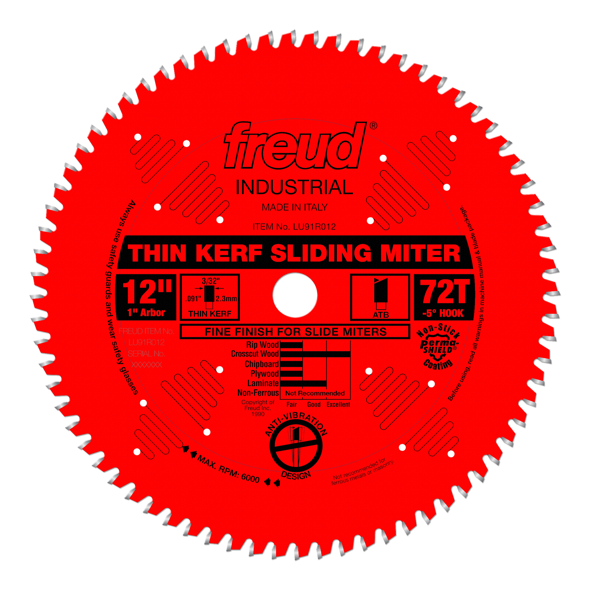 12-inch red circular saw blade with 72 teeth, 1-inch arbor, thin kerf design, labeled for sliding miter saws.