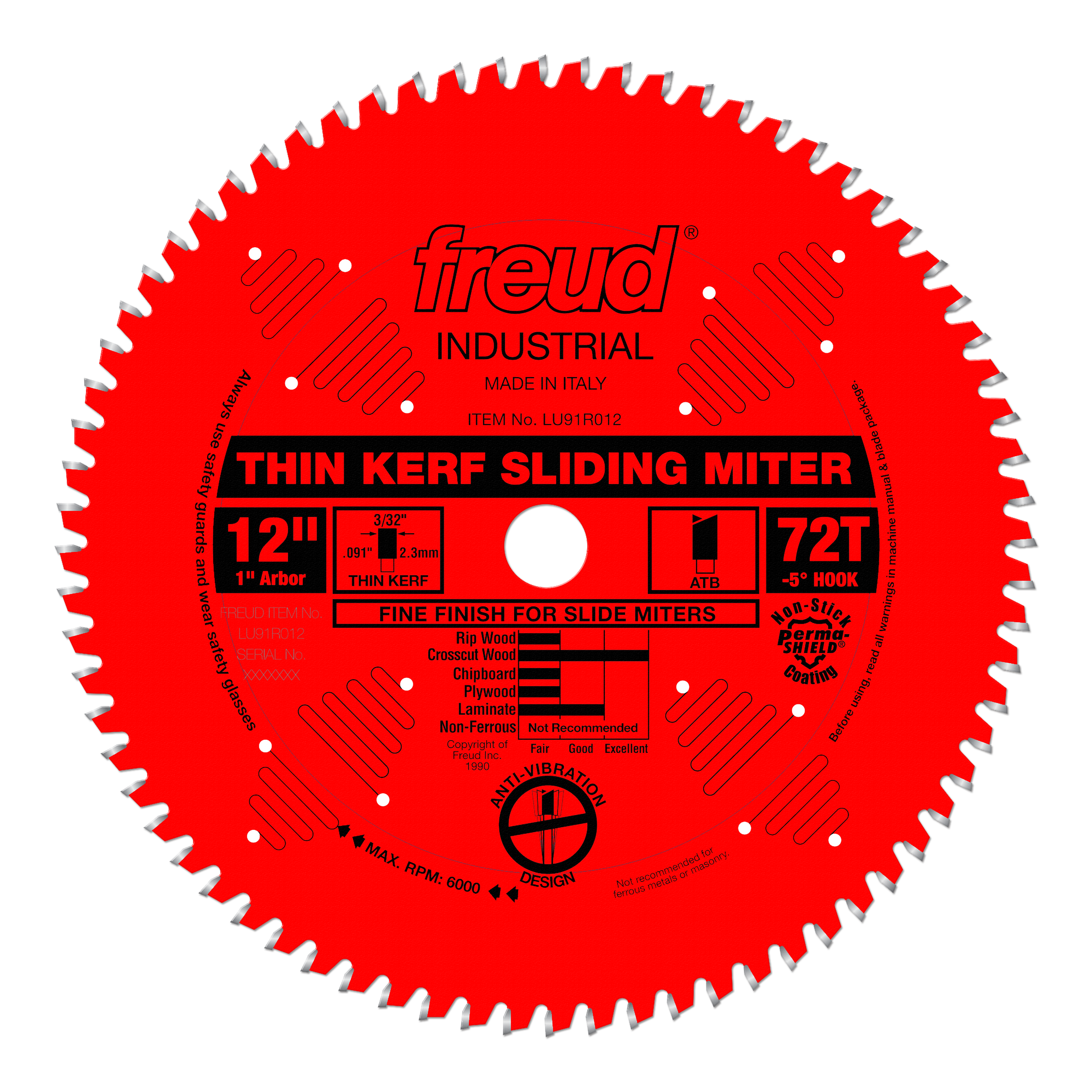 12-inch red circular saw blade with 72 teeth, 1-inch arbor, thin kerf design, labeled for sliding miter saws.