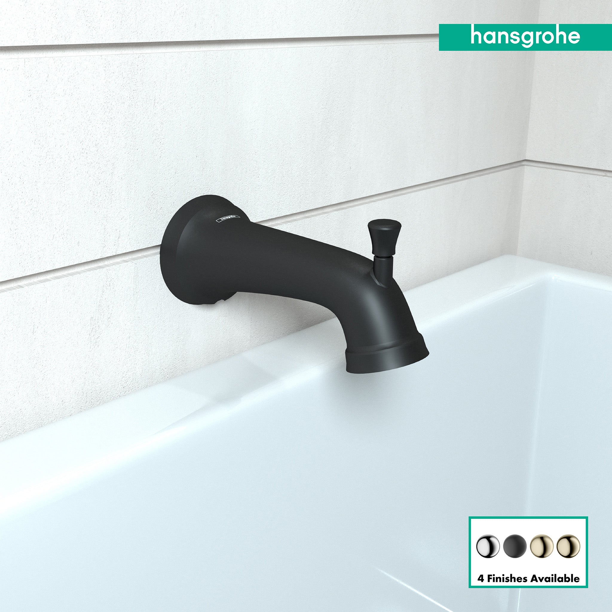 Matte black wall-mounted tub spout with curved outlet and diverter lever mounted on white bathtub.