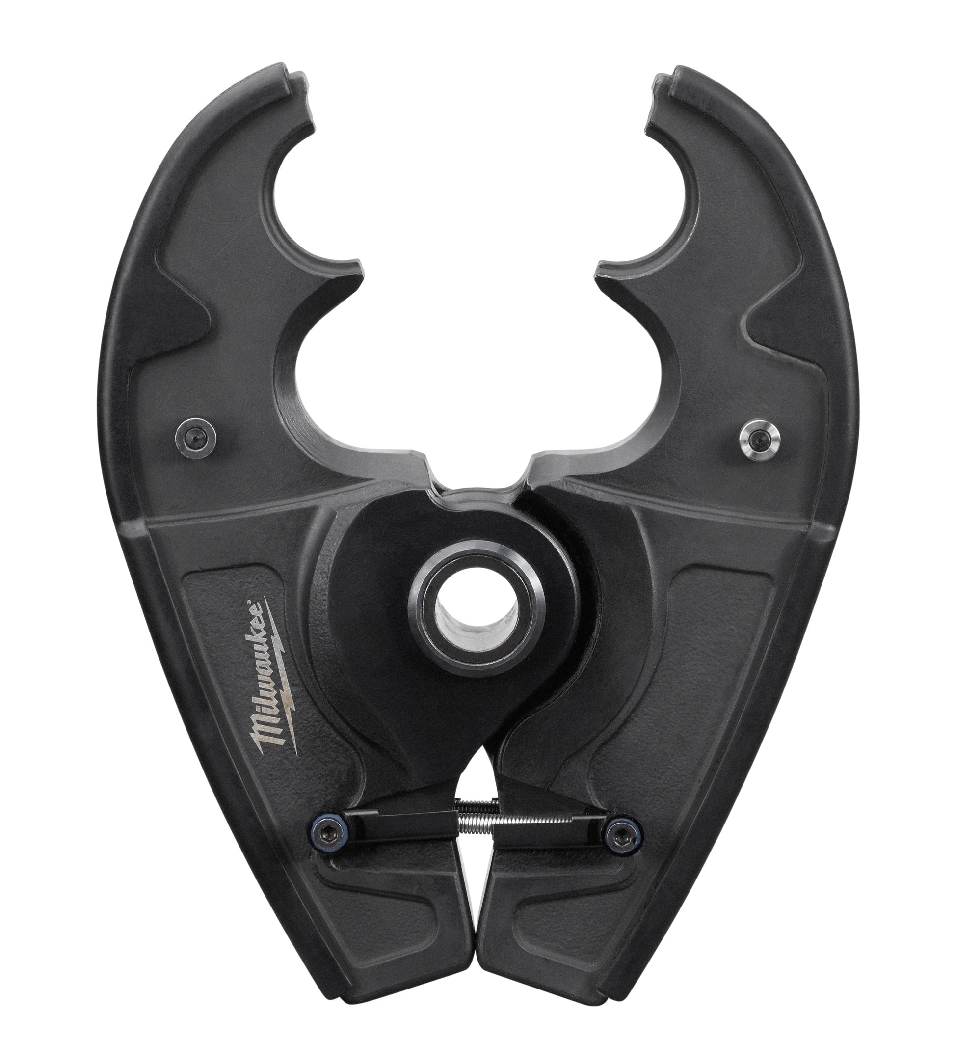 Black Milwaukee M18 crimping jaw head with two curved opposing jaws and center arbor hole.