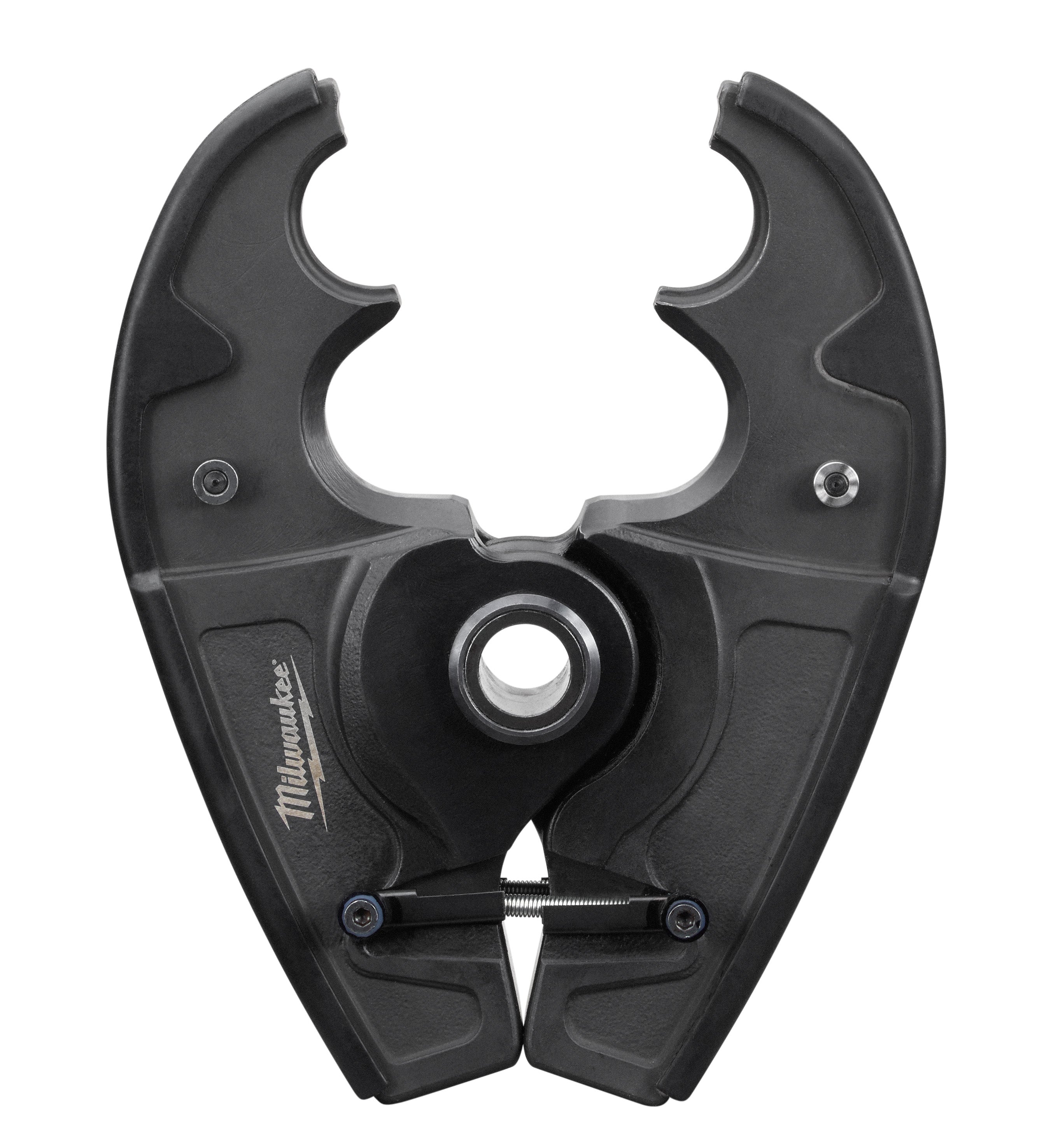 Black Milwaukee M18 crimping jaw head with two curved opposing jaws and center arbor hole.