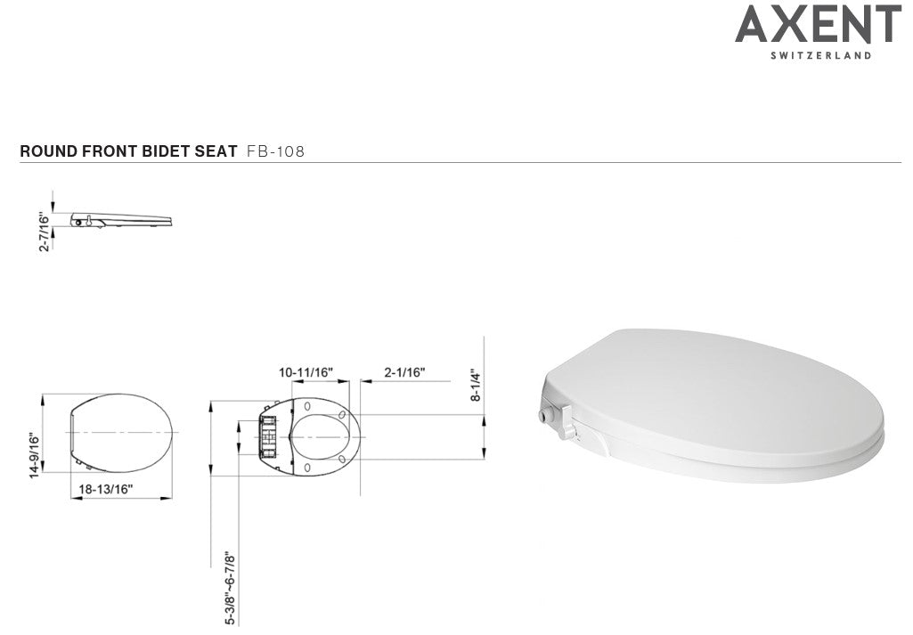 White round bidet seat with technical dimension drawings and specifications labeled.