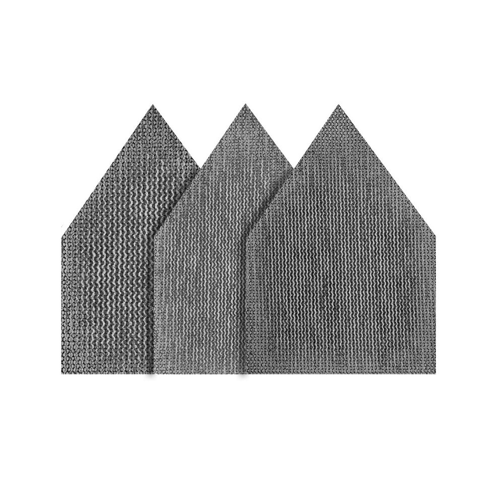 Three gray mesh sanding sheets with triangular shape and varying grit textures displayed side by side.