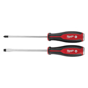 Two Milwaukee demolition screwdrivers with red and black handles; one Phillips head and one slotted.