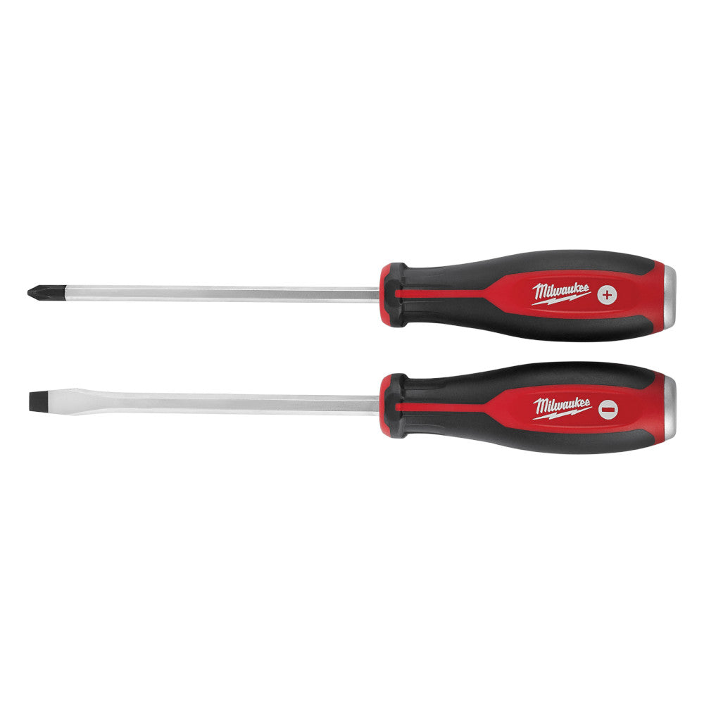 Two Milwaukee demolition screwdrivers with red and black handles; one Phillips head and one slotted.