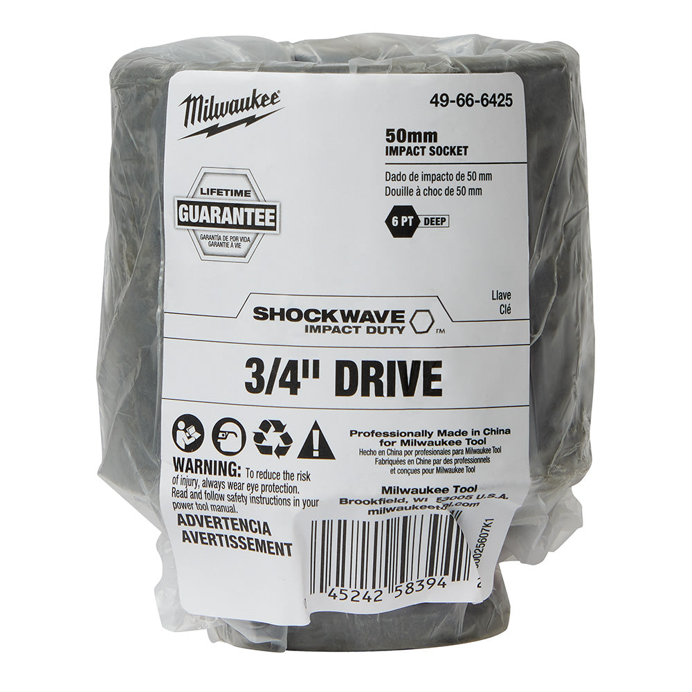 Milwaukee Shockwave Impact Duty 50mm deep 6-point socket with 3/4" drive in plastic packaging.