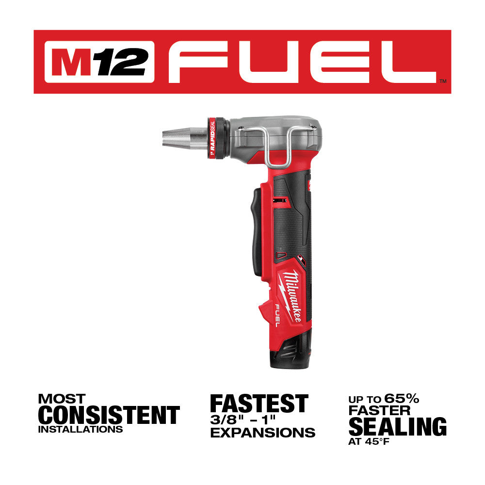 Milwaukee M12 FUEL ProPEX expander tool with red and black handle and interchangeable expansion head attachment.