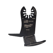 Milwaukee OPEN-LOK 5-in-1 drywall blade with serrated cutting edges and multiple slot widths marked on black metal body.